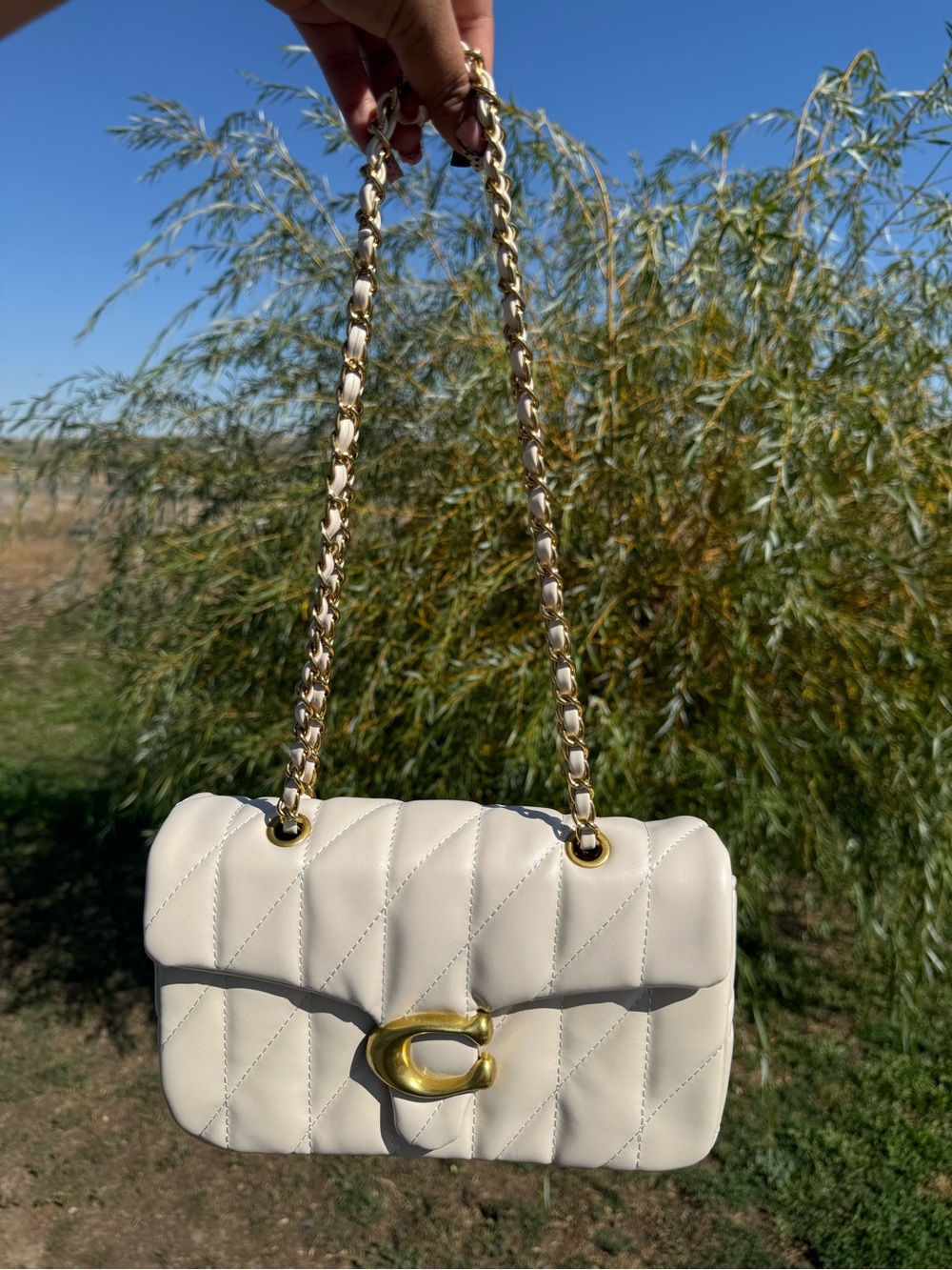 Coach Cream Quilted Shoulder Bag with Gold Chain